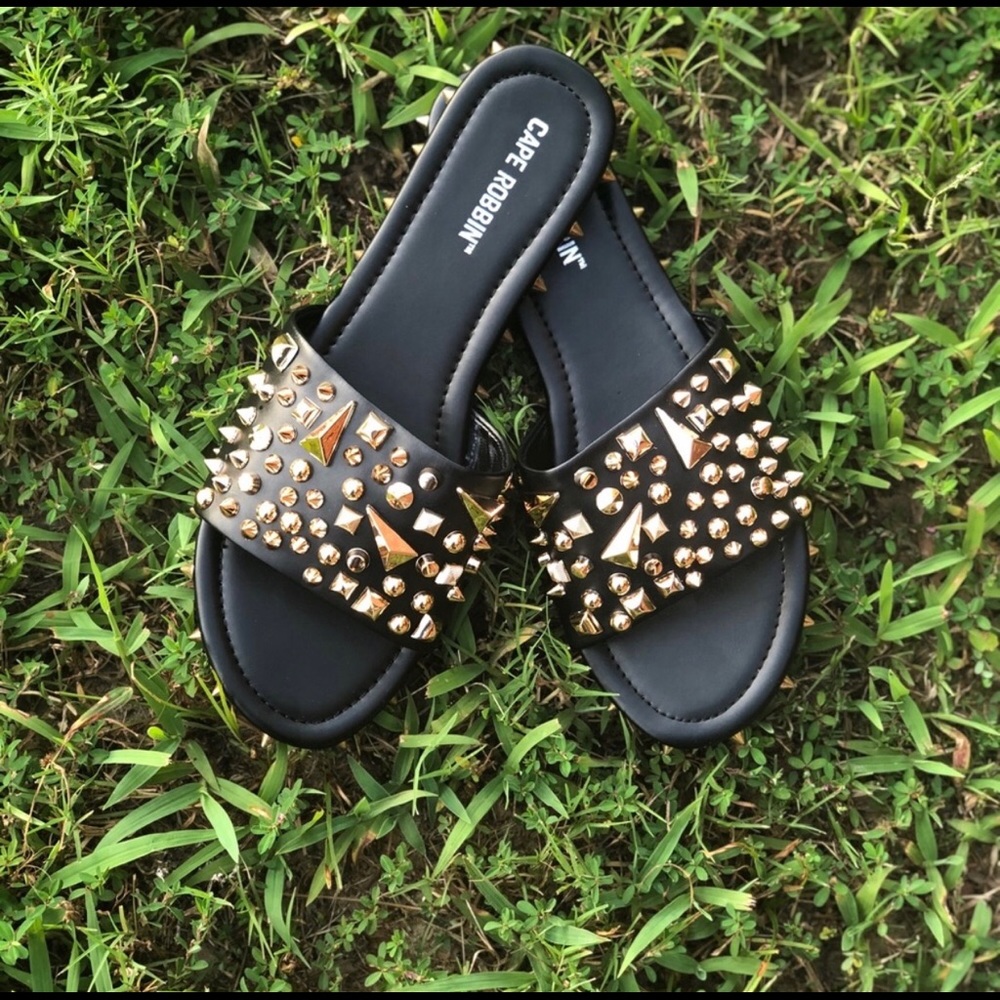 New Black Open Toe Gold Studded Sandals Saints 🤩 - Picture 2 of 7